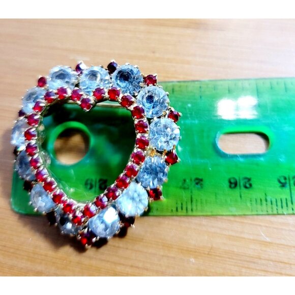 Vintage Heart Brooch White & Red Rhinestones Collectible Gold-Tone Pin 1.25" - Picture 7 of 7